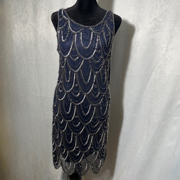 Pisarro Nights Navy Beaded Sequin Dress Sz 6 1920s Gatsby Flapper Art Deco Glam - Picture 1 of 12